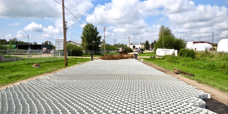 Municipal road under construction using Tough Cell geosynthetics.